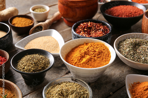 Fototapeta Naklejka Na Ścianę i Meble -  Many bowls with different spices on wooden background