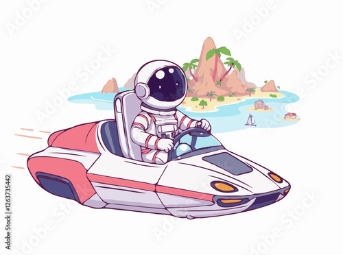 Astronaut Touring Exotic Islands in Futuristic Space Car