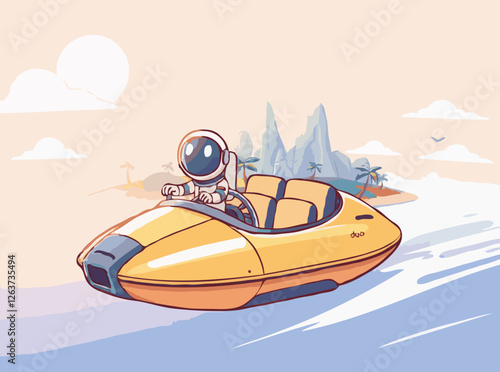 Astronaut Touring Exotic Islands in Futuristic Space Car