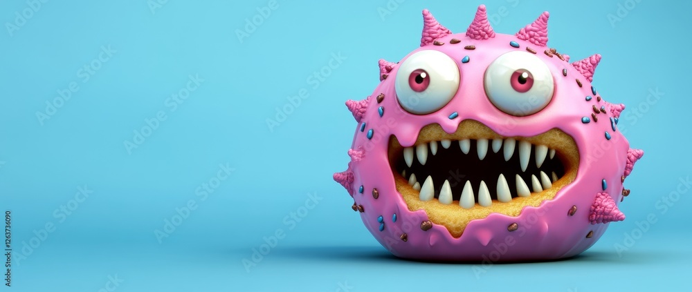 Naklejka premium A jolly, moving donut with large, expressive eyes and sharp teeth appears to be striking, resulting in a humorous and whimsical scene on a bright blue backdrop