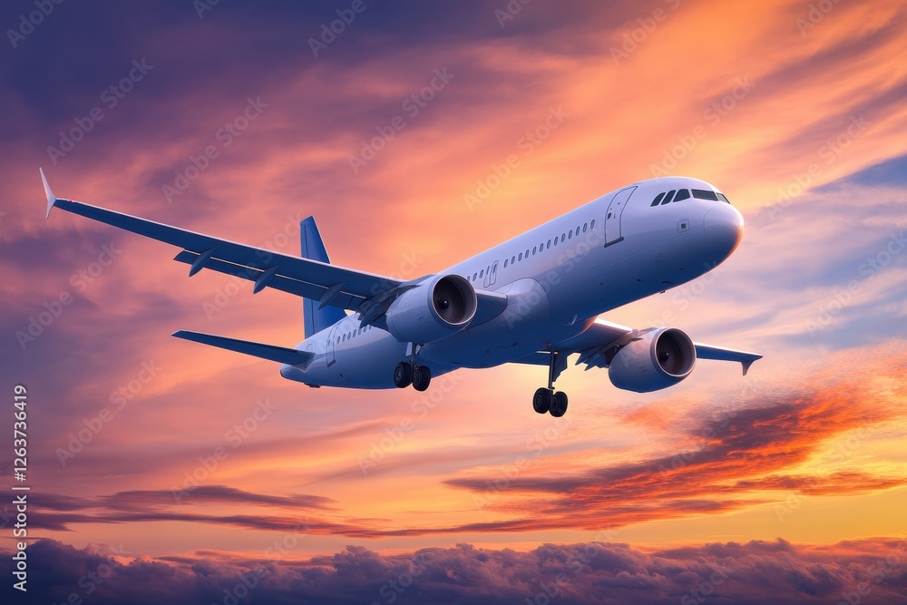 Airplane flying through colorful sunset skies over a scenic landscape with vibrant clouds. Generative AI Airplane flying through colorful sunset skies over a scenic landscape with vibrant clouds. Generative AI