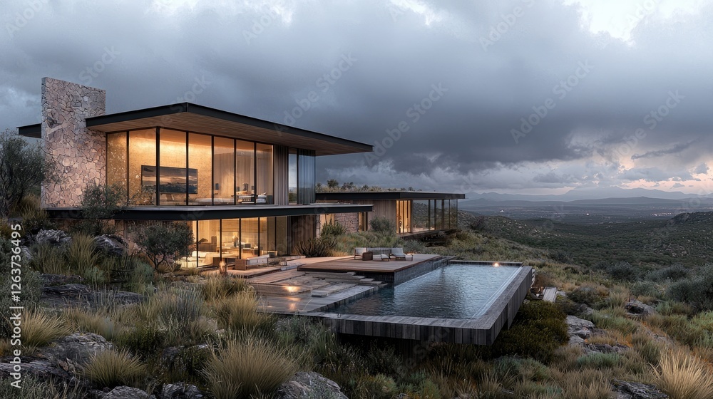 Fototapeta premium Modern hillside house, dusk, desert view, luxury home