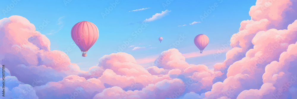 Tiny hot air balloons drift through fluffy clouds in a serene sky Tiny hot air balloons drift through fluffy clouds in a serene sky