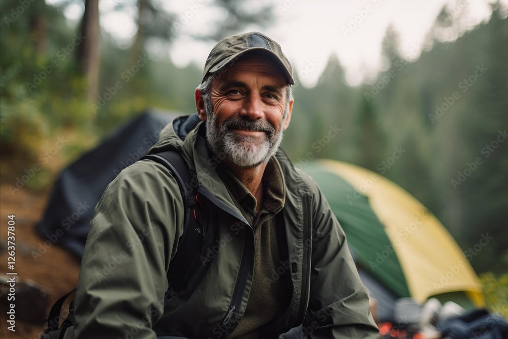 Portrait of a senior man hiker standing near his tent in the forest. Portrait of a senior man hiker standing near his tent in the forest.