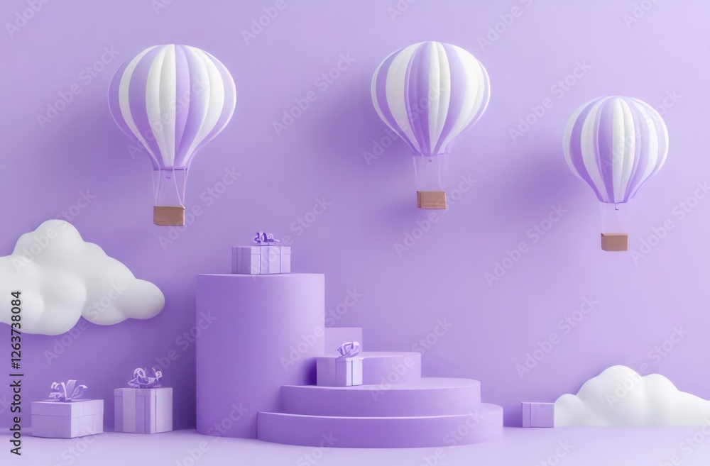 Purple hot air balloons, gifts, clouds, and a platform. Purple hot air balloons, gifts, clouds, and a platform.