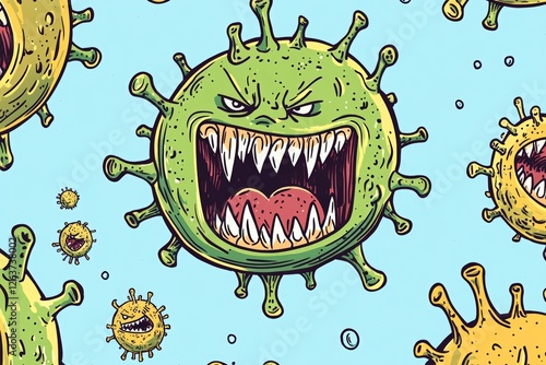 Exaggerated and expressive viruses depicted cartoonishly photo