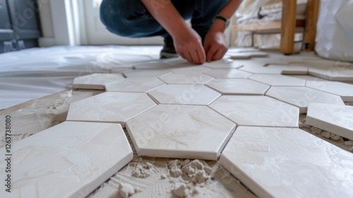 Home renovation concept featuring hexagonal tile flooring installation