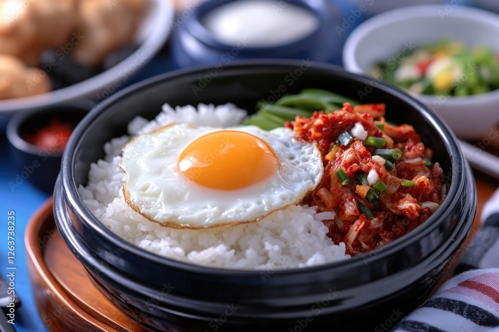 Bibimbap with fried egg and kimchi in black bowl Bibimbap with fried egg and kimchi in black bowl