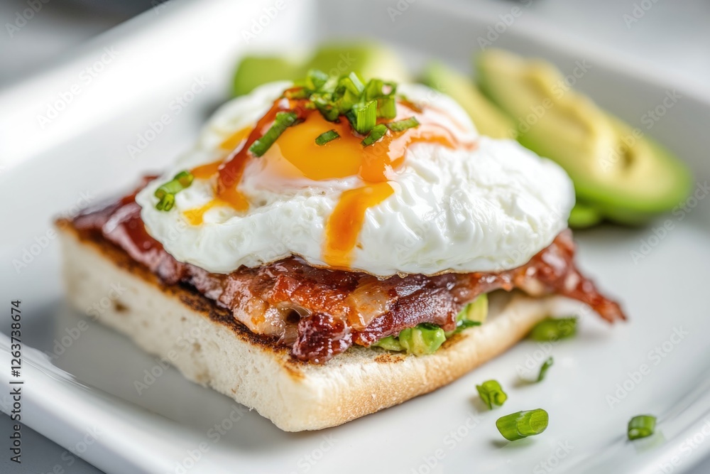 Gourmet breakfast: poached egg with bacon on toast with avocado and chives Gourmet breakfast: poached egg with bacon on toast with avocado and chives