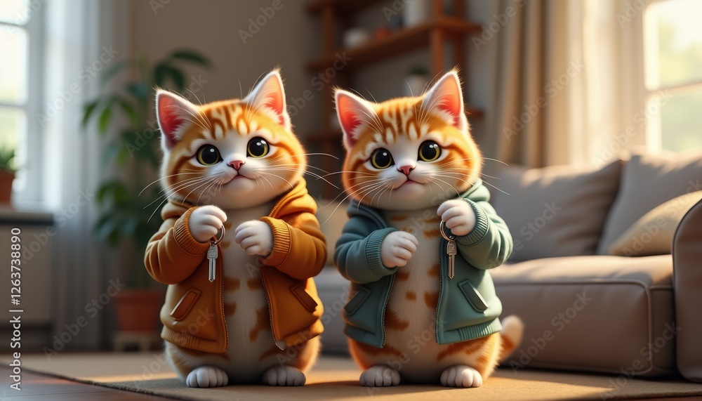 Fototapeta premium Photorealistic cute cats in modern outfits holding apartment keys at home