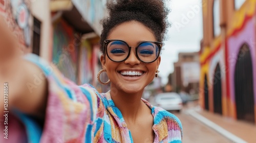 African young female smiling with glasses in colorful urban street photo