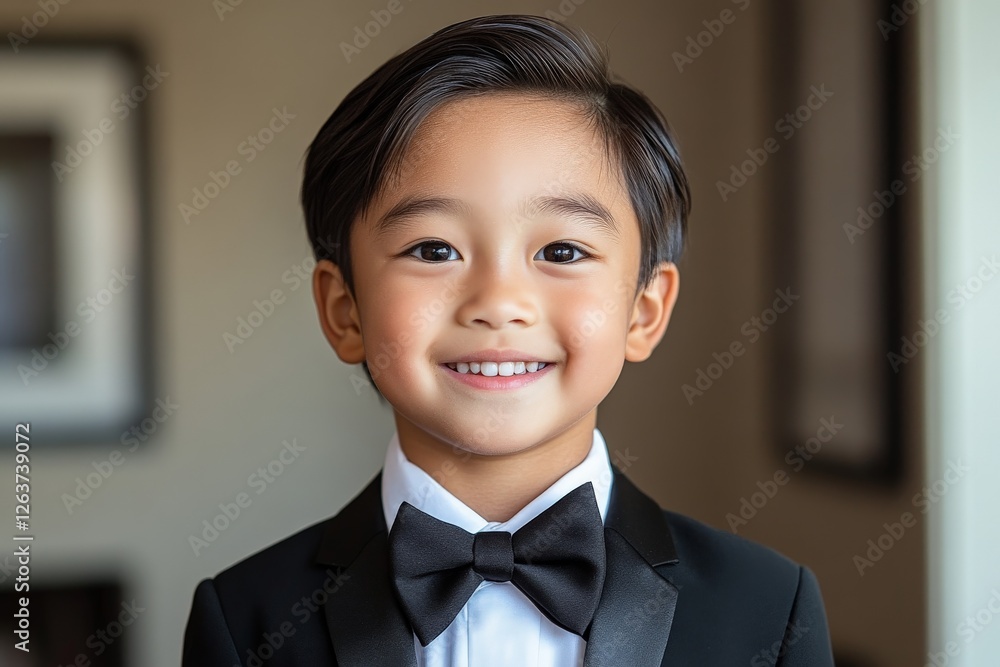 Young boy dressed in formal attire smiling brightly at a celebration event indoors during the afternoon Young boy dressed in formal attire smiling brightly at a celebration event indoors during the afternoon