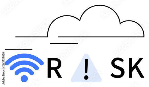 wireless icon, cloud outline, exclamation mark in warning triangle, RISK text. Ideal for technology, cybersecurity, network safety, cloud services, data protection internet issues risk management