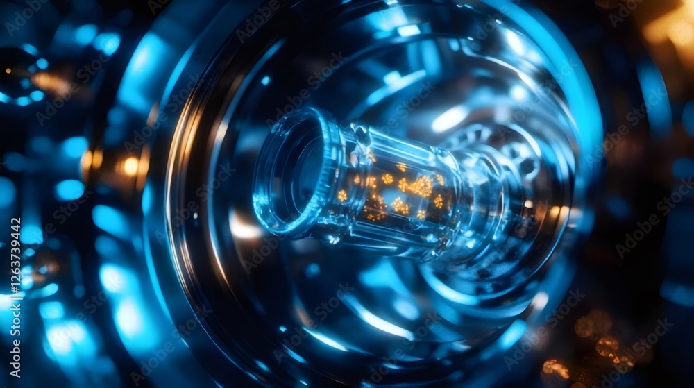 Glowing particles inside futuristic glass cylinder. Glowing particles inside futuristic glass cylinder.