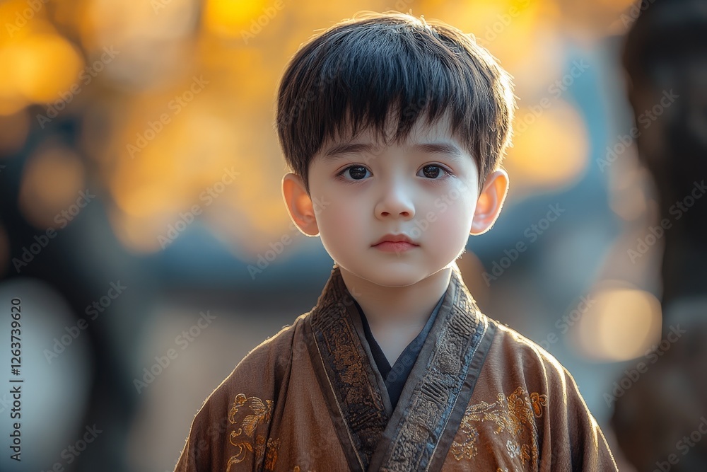 Young child in traditional attire standing outdoors during golden hour with warm sunlight illuminating the background Young child in traditional attire standing outdoors during golden hour with warm sunlight illuminating the background
