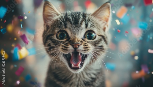 Joy saturates the air as a playful cat with an open mouth is celebrated against a backdrop of colorful confetti