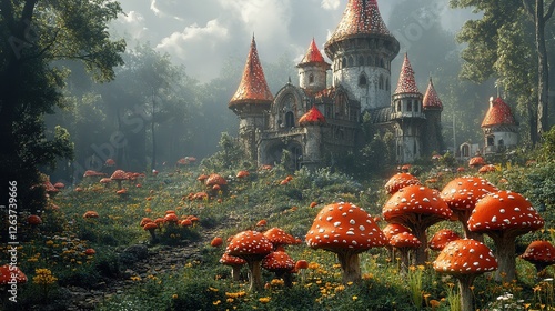 Enchanted castle surrounded by vibrant mushrooms fantasy landscape digital art lush greenery artistic viewpoint