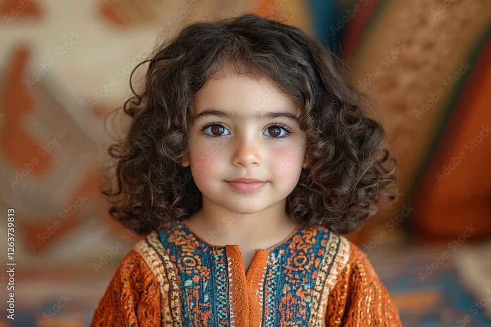 Young child with curly hair wearing colorful traditional clothing in a vibrant setting Young child with curly hair wearing colorful traditional clothing in a vibrant setting
