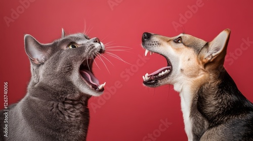 A funny moment of a cat and dog snarling at each other with playful intent on a radiant red background