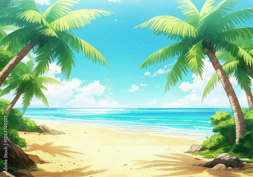 Fototapeta premium Tropical beach scene with palm trees and clear blue ocean waves