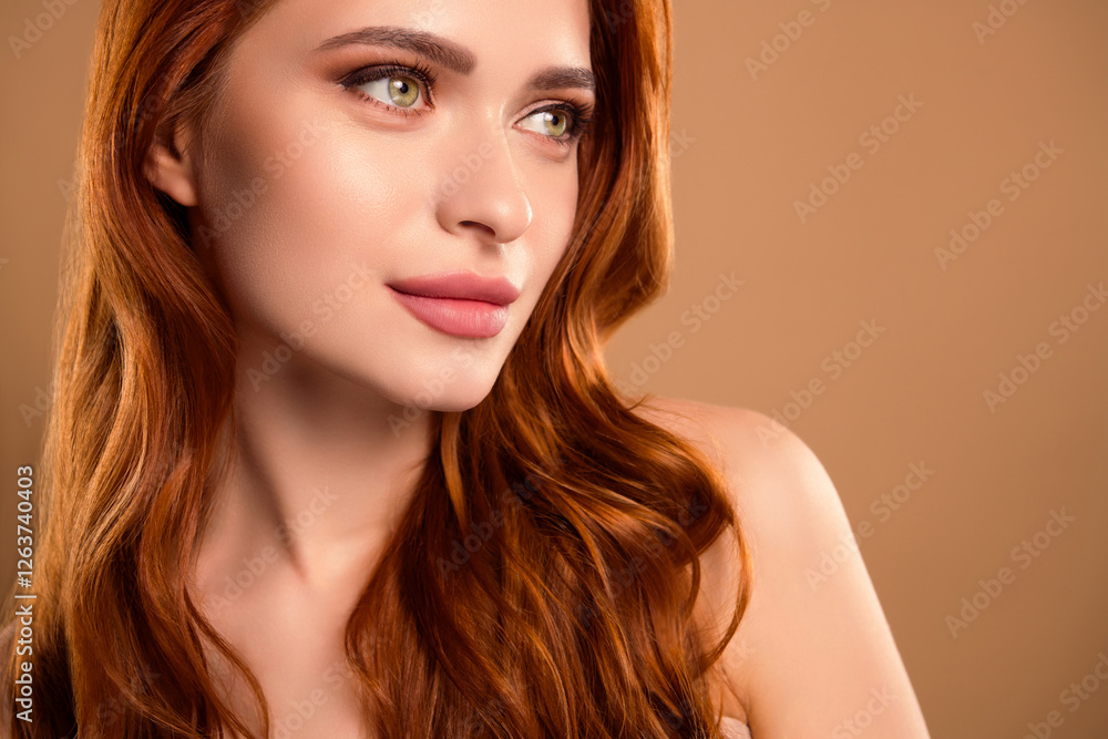 Photo of attractive stunning woman look empty space model shoulders off isolated on beige color background Photo of attractive stunning woman look empty space model shoulders off isolated on beige color background