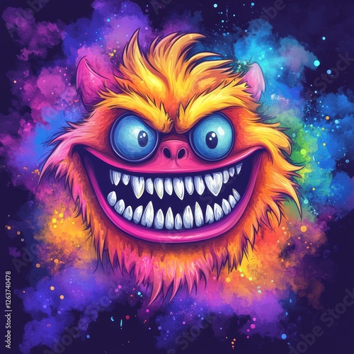 In graphic design, a digital art scene of a cartoon monster with a crazy face