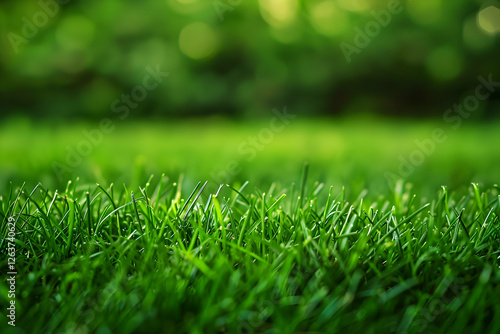 Close-up view of lush green grass blades glistening in sunlight with a blurred nature background