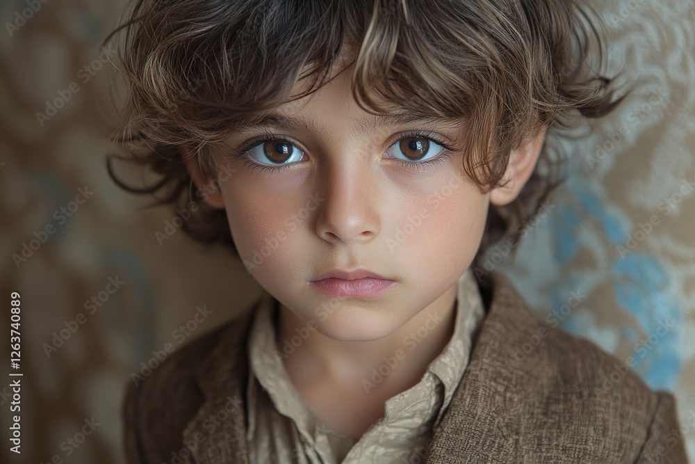 Young boy with striking eyes poses against a textured background wearing a vintage outfit Young boy with striking eyes poses against a textured background wearing a vintage outfit