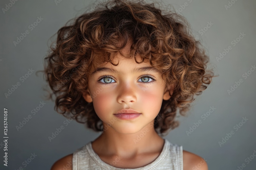 Young child with curly hair and striking blue eyes displaying a thoughtful expression in a softly lit setting Young child with curly hair and striking blue eyes displaying a thoughtful expression in a softly lit setting