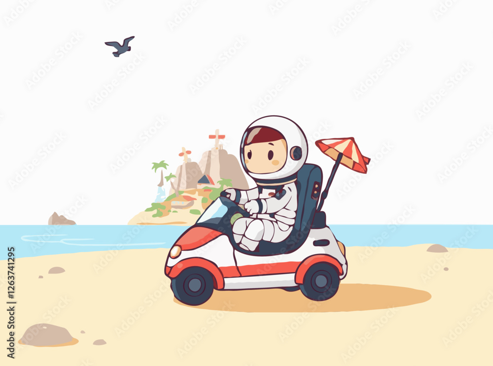 Exploring Tourist Island in Electric Car with Astronaut Exploring Tourist Island in Electric Car with Astronaut