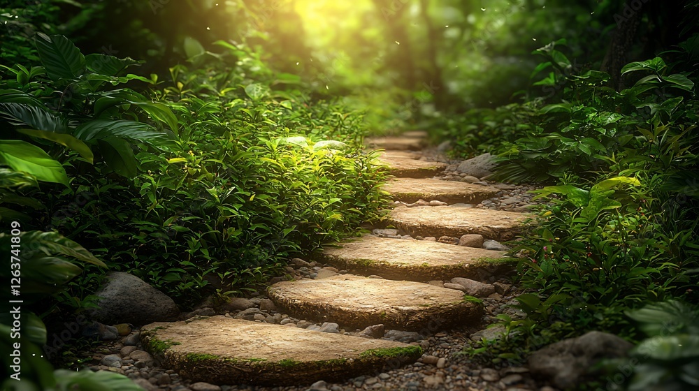Fototapeta premium Sunlit stone path winding through lush jungle; mystical background; ideal for fantasy or nature themes