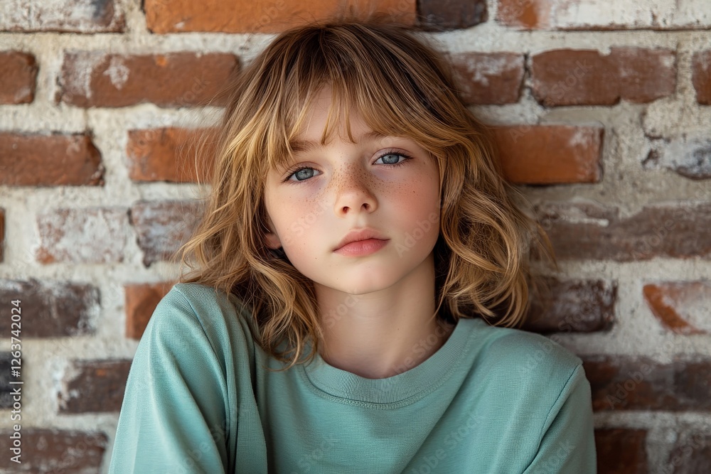 Child with wavy hair and expressive eyes poses against a brick wall in a casual, relaxed setting Child with wavy hair and expressive eyes poses against a brick wall in a casual, relaxed setting