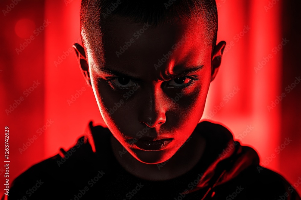 Intense expression of a young boy in a dark setting illuminated by red light Intense expression of a young boy in a dark setting illuminated by red light