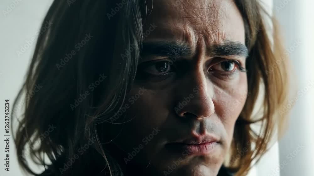 Intense emotional transformation captured in dramatic closeup sequence Intense emotional transformation captured in dramatic closeup sequence