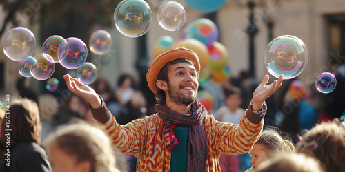 Street performer entertaining the crowd of kids by blowing soap bubbles on sunny summer day. Children playing with colorful soap bubbles floating in the foreground.
