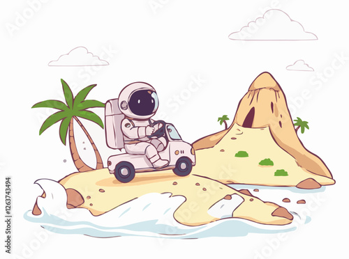 Exploration Concept: Astronaut Driving Car on Exotic Island