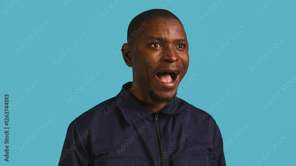 Headshot portrait of security guard feeling amazed while at work, saying wow. Close up shot of awestruck bodyguard being astonished during protection job shift, studio background, camera B Headshot portrait of security guard feeling amazed while at work, saying wow. Close up shot of awestruck bodyguard being astonished during protection job shift, studio background, camera B