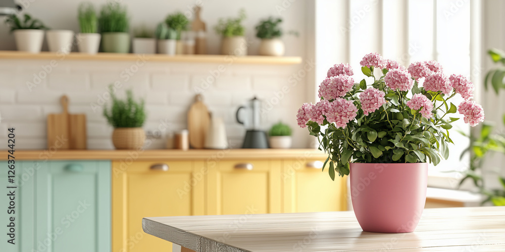 Beautiful flowers in a vase on a table of pastel modern kitchen on sunny day. Beautiful flowers in a vase on a table of pastel modern kitchen on sunny day.
