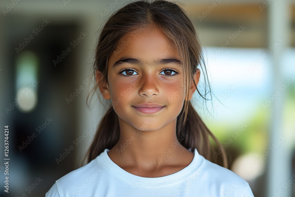 Young girl smiling brightly in a sunny indoor environment with natural light illuminating her features Young girl smiling brightly in a sunny indoor environment with natural light illuminating her features