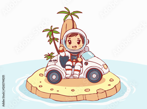 Island Escape: Astronaut in Futuristic Car Discovery