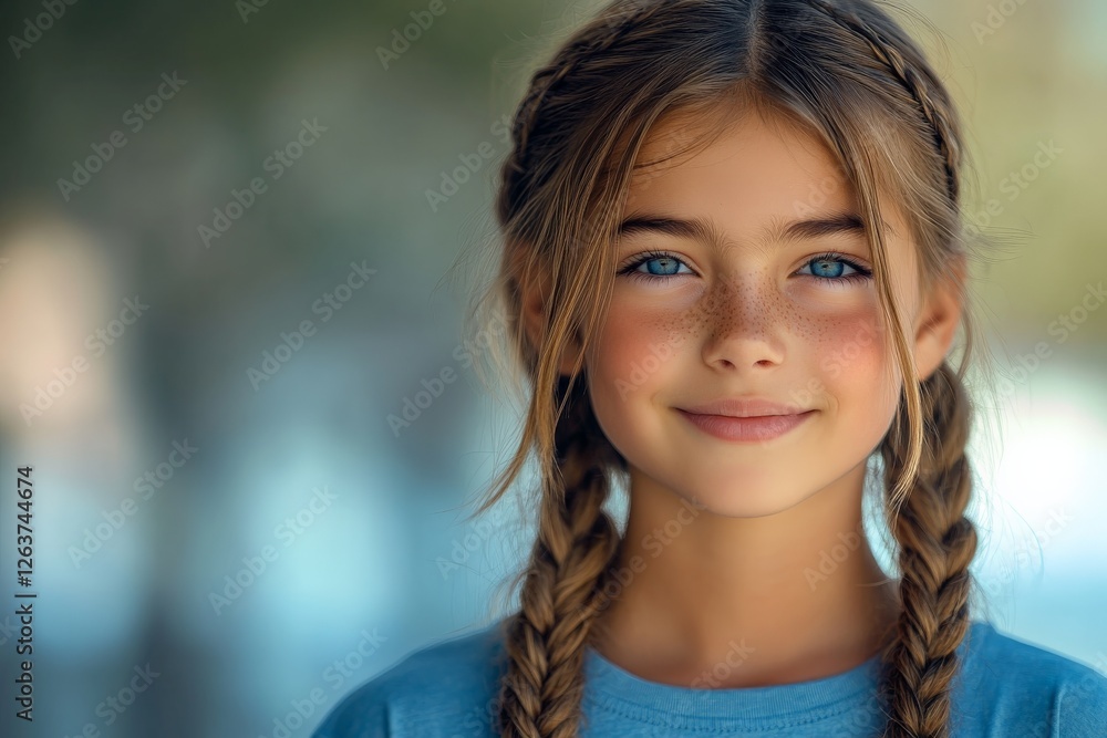 Young girl with blue eyes and braids smiling outdoors in natural light during the day Young girl with blue eyes and braids smiling outdoors in natural light during the day