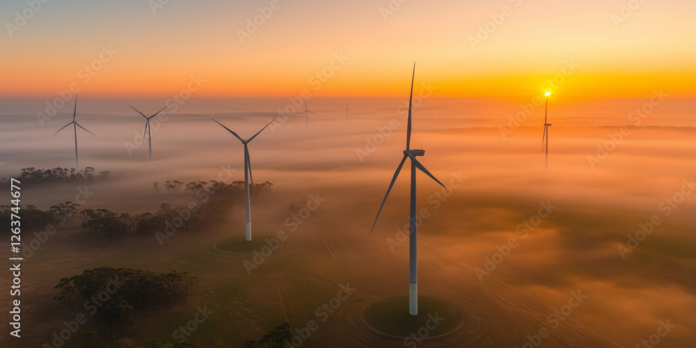 Obraz premium Rows of wind turbines generating power in scenic evening scenery at winter. Windmills generating green energy on background of orange morning sky.