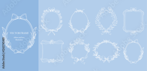 Floral Frame with ribbon and bow set . Hand drawn Botanical vector illustration. Flower line wreath white color.