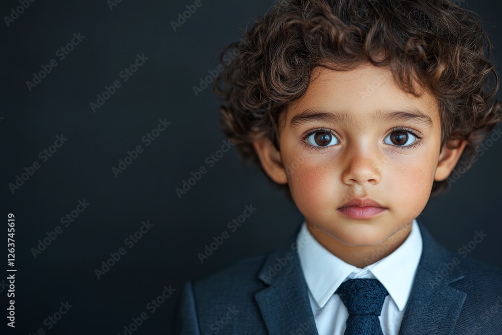 Young boy in a tailored suit with curly hair, posing confidently against a dark backdrop in a stylish indoor setting Young boy in a tailored suit with curly hair, posing confidently against a dark backdrop in a stylish indoor setting