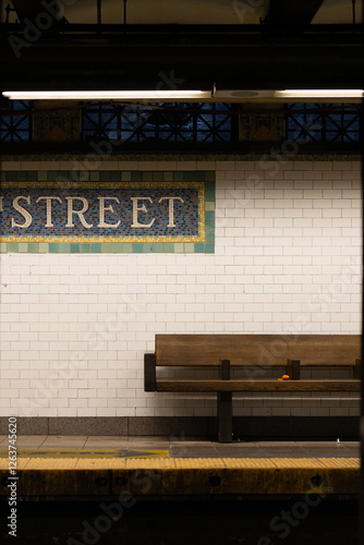 Photography A bench is sitting in front of a white wall with a sign that says Street
