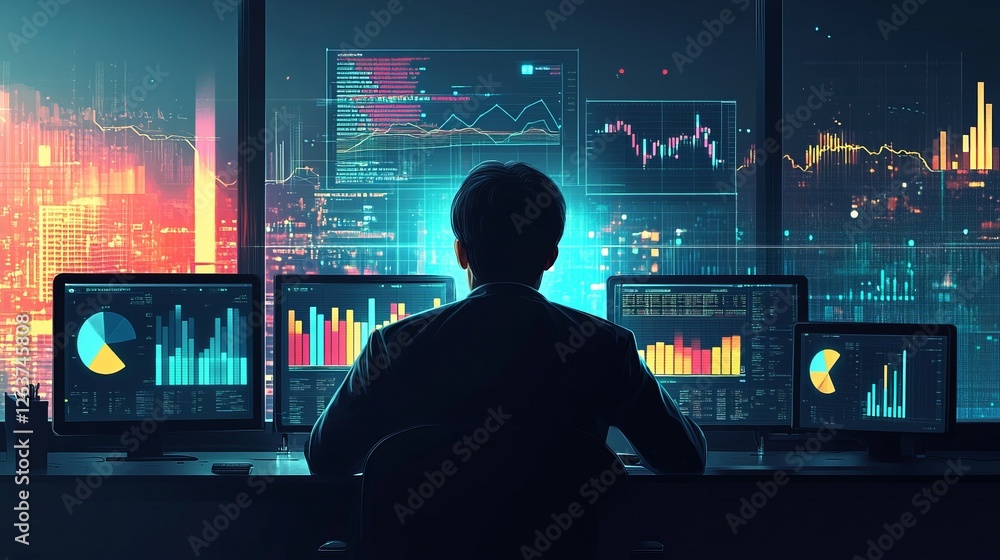 Analyst reviewing financial data on multiple screens at night in a city office. Analyst reviewing financial data on multiple screens at night in a city office.