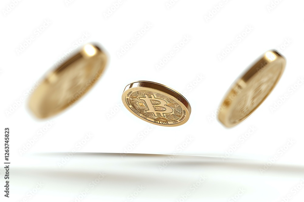 Golden bitcoin coins floating in air against white background, cryptocurrency concept with selective focus and motion blur effect. Golden bitcoin coins floating in air against white background, cryptocurrency concept with selective focus and motion blur effect.