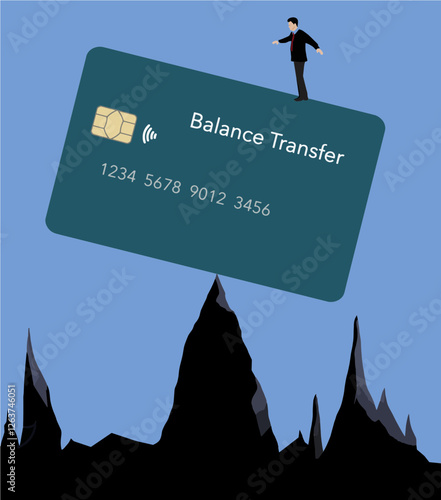 A man stands on top of a balance transfer credit card that is balanced on mountain peaks. Illustration is about credit card balances and transfers.