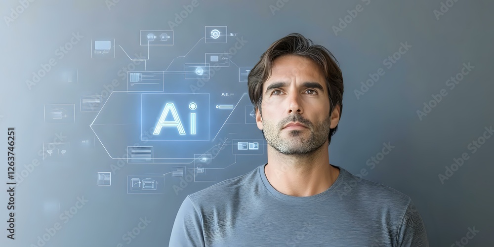 Mature Caucasian man with gray t-shirt looking thoughtful against digital background with AI symbol and network connections representing artificial intelligence concept. Mature Caucasian man with gray t-shirt looking thoughtful against digital background with AI symbol and network connections representing artificial intelligence concept.