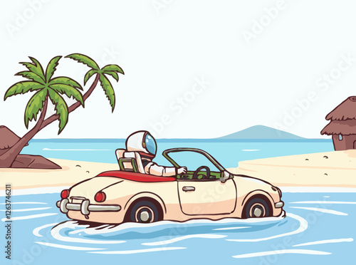 Dream Vacation: Astronaut Driving Convertible on Paradise Island